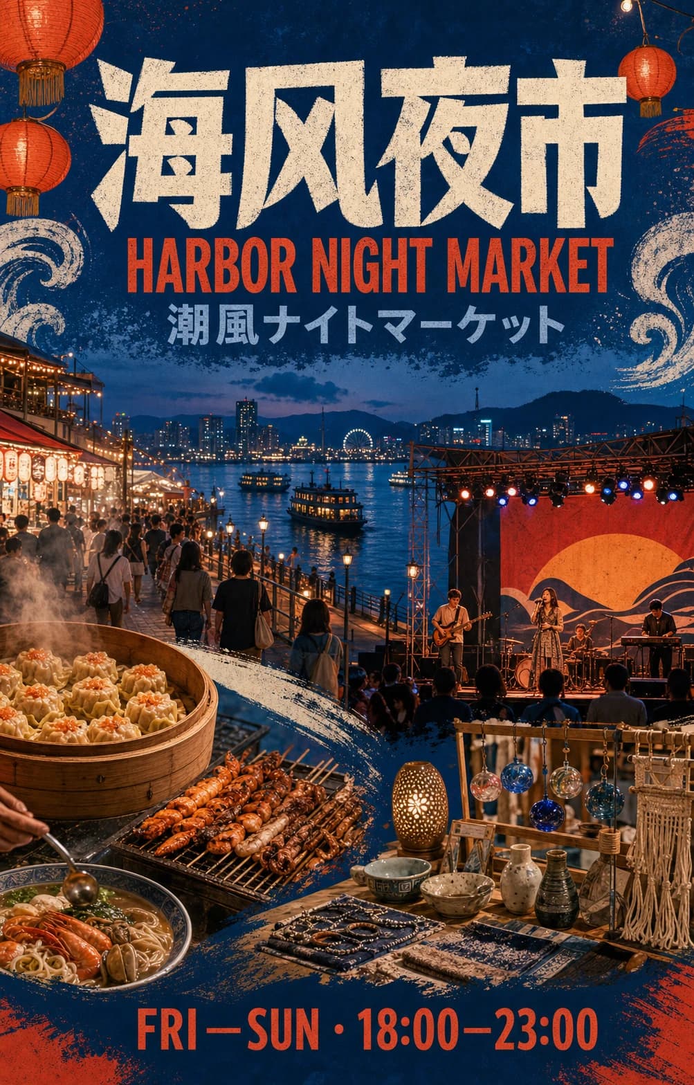Poster multilingue per un mercato notturno