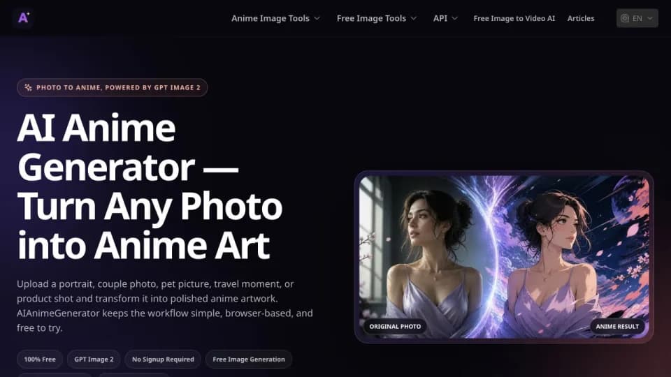 AI Anime Generator: Turn photos into anime artwork or create characters and scenes from text with GPT Image 2. A browser-based tool for portraits, avatars and visual storytelling, with free generation and no signup required.