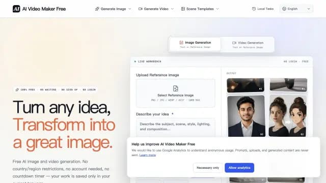 AI Video Maker Free: A free creative workspace for generating images and videos from prompts or source media without requiring an account.