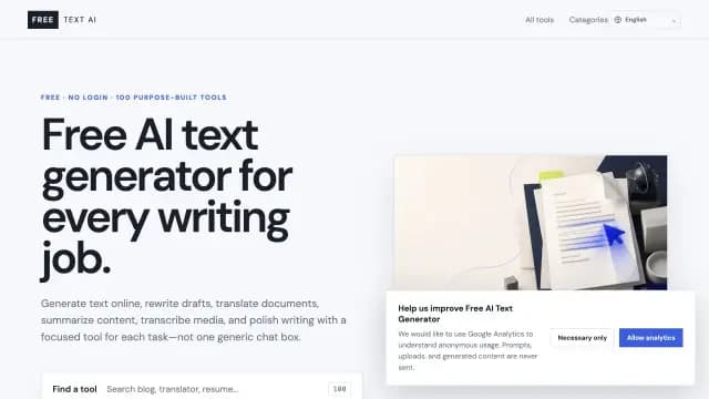 Free AI Generator: A collection of free AI writing and text tools for drafting, rewriting, summarizing, translating and polishing everyday content.