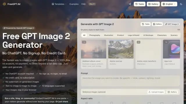 Free GPT Image 2: A streamlined GPT Image 2 generator for producing and editing polished visuals without a ChatGPT account or complicated setup.