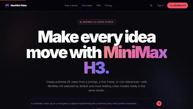 MaxMini Video: A MiniMax H3-focused video workspace for turning prompts, first frames and visual references into cinematic motion with practical controls.
