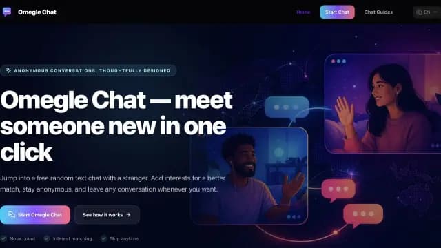 Omegle Chat: A no-sign-up random text chat for meeting new people anonymously, with optional interests to guide more relevant conversations.