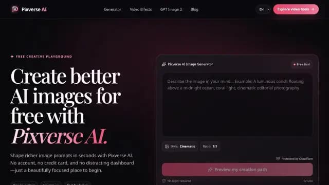 PixVerse AI Image Generator: A no-sign-up image generator for creating portraits, editorial visuals, product concepts and imaginative artwork from natural-language prompts.