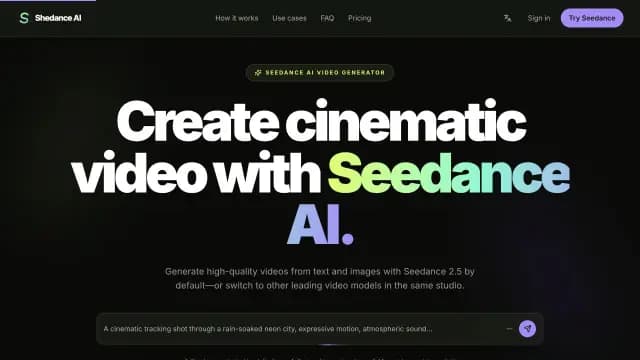 SheDance AI: A Seedance-focused AI video generator for creating polished motion from text and images with creator-friendly generation controls.