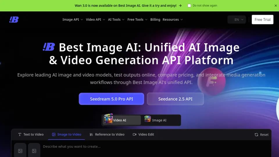 BestImage.ai unified AI image and video API platform screenshot