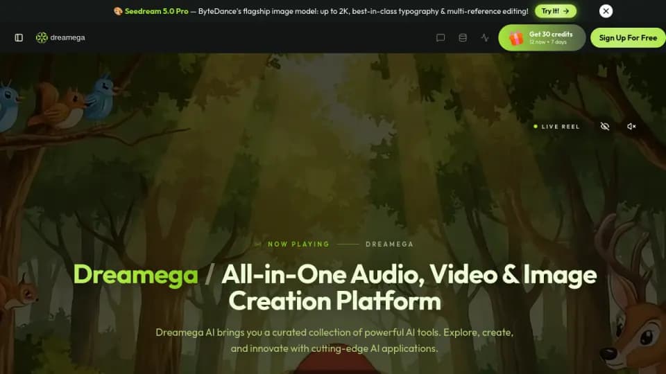 Dreamega AI: A broad creative agent offering many image, video, and music models in one interface, suited to teams that want to compare formats without switching workspaces.