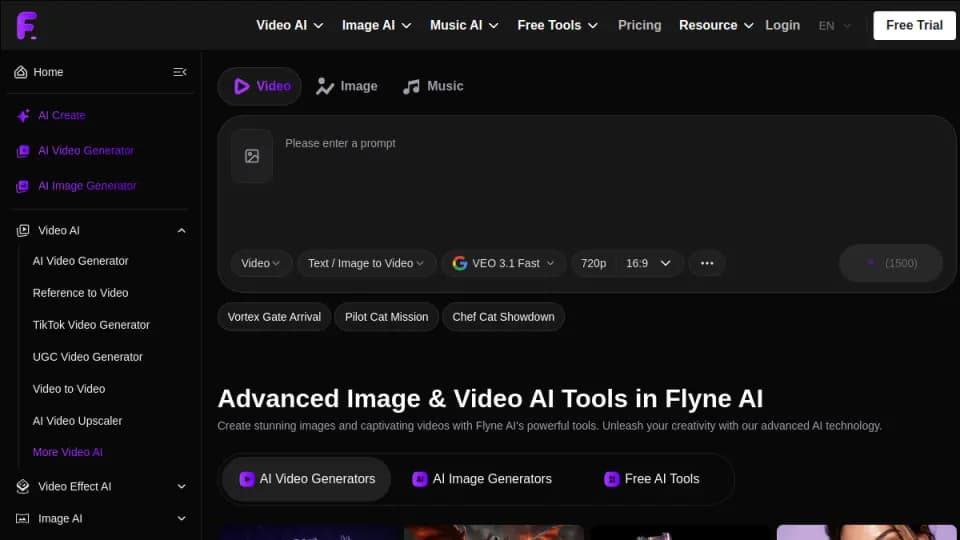 Flyne AI: A free creative workspace for generating and transforming images or videos with models from several major providers, useful for moving from an initial idea to multiple media formats.
