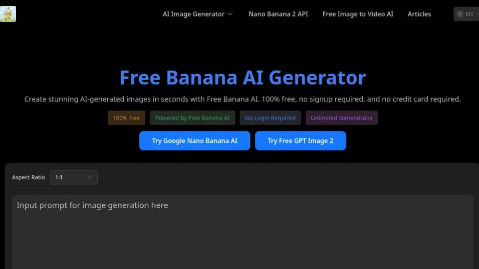 Free Banana AI: A browser-based AI image generator featuring Nano Banana and GPT Image 2 workflows, positioned for free prompt-based creation without signup or a credit card.