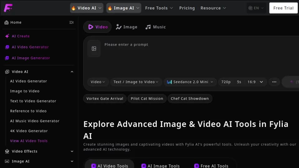 Fylia AI: An all-in-one image and video creation suite that accepts prompts or uploads and helps creators test different visual directions with leading generative models.