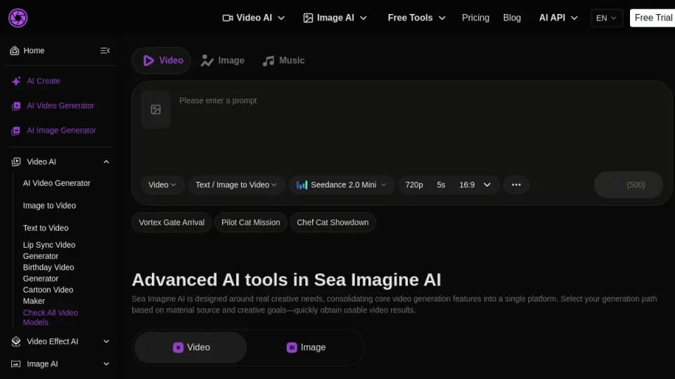 Sea Imagine AI: A free image and video art studio for turning prompts or references into polished creative media across flexible styles and shareable formats.