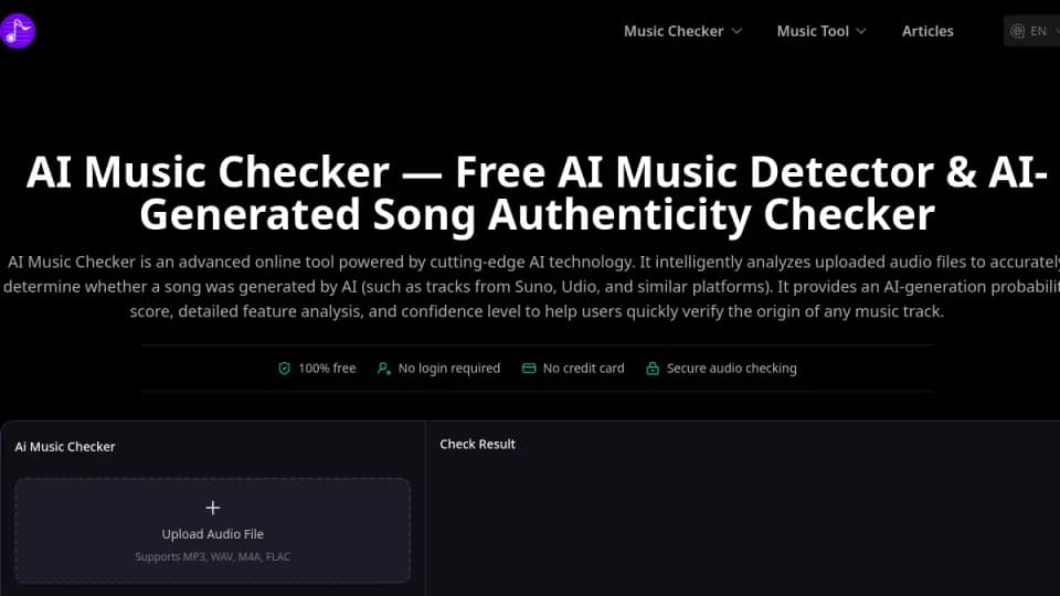 Free AI Music Checker: Una herramienta gratuita de navegador para estimar si una canción puede haber sido generada por IA, útil como señal inicial de filtro y no como prueba definitiva de autoría.