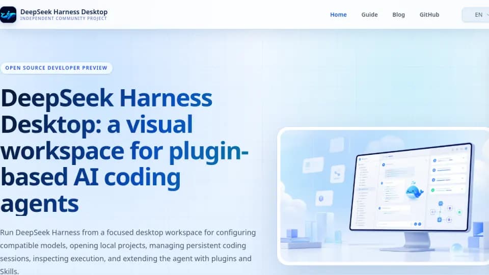 DeepSeek Harness Desktop: Un espacio de escritorio visual con licencia MIT para configurar modelos IA compatibles, abrir proyectos locales, gestionar sesiones persistentes de código, inspeccionar ejecuciones de agentes y ampliar flujos con plugins y Skills.