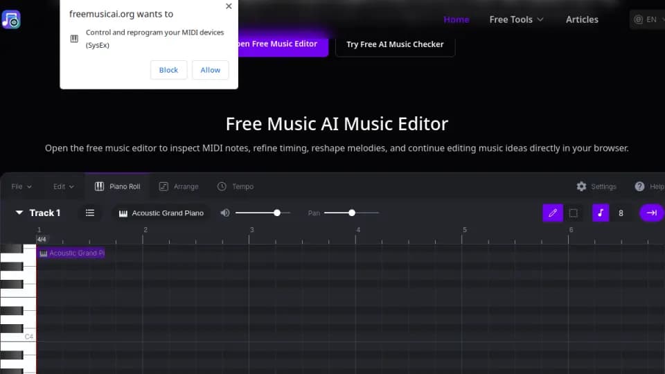 Free Music AI: Colección de herramientas musicales gratuitas con edición MIDI en navegador, detección musical con IA y conversión de música a MIDI para creadores que quieren revisar, mejorar y reutilizar ideas de audio de forma práctica.