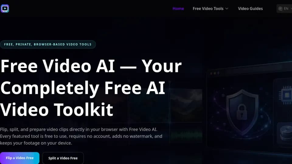 Free Video AI: Kit de herramientas de video en navegador para invertir, dividir y preparar clips localmente en tu dispositivo, sin carga de archivos, sin marca de agua, sin cuenta y sin procesamiento en la nube para las herramientas destacadas.