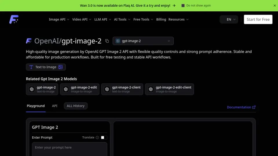 GPT Image 2 API: Un endpoint de modelo de Flaq AI para integrar generación y edición GPT Image 2 en productos que necesitan fidelidad al prompt, tipografía y flujos de imagen flexibles.