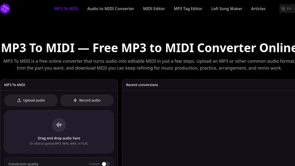 Free MP3 to MIDI Converter: Un convertidor enfocado de MP3 a MIDI para extraer datos de notas editables para producción, arreglos, remixes, transcripción y flujos de práctica musical.