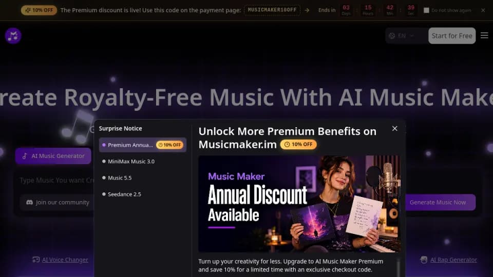AI Music Maker: Una plataforma de creación musical para generar pistas orientadas a royalties desde ideas de texto, que ayuda a creadores a preparar música de fondo, canciones y conceptos de audio.