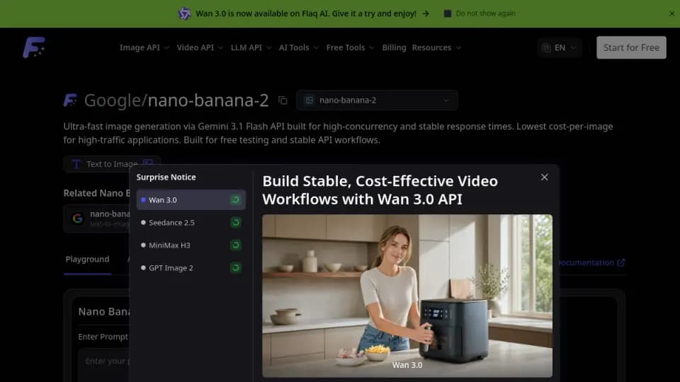 Nano Banana 2 API: Una página de Flaq AI API localizada para Nano Banana 2, adecuada para desarrolladores que evalúan generación y edición de imágenes rápidas dentro de una plataforma unificada de modelos.