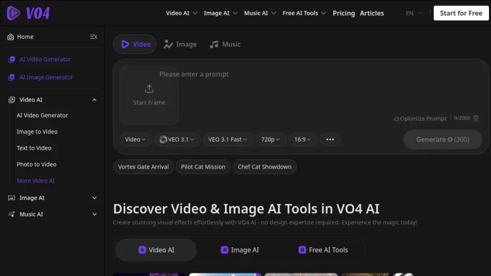 VO4 AI: Un estudio creativo centrado en video que combina texto a video, imagen a video, creación de imágenes, música y herramientas de prompts para producción visual de formato corto.
